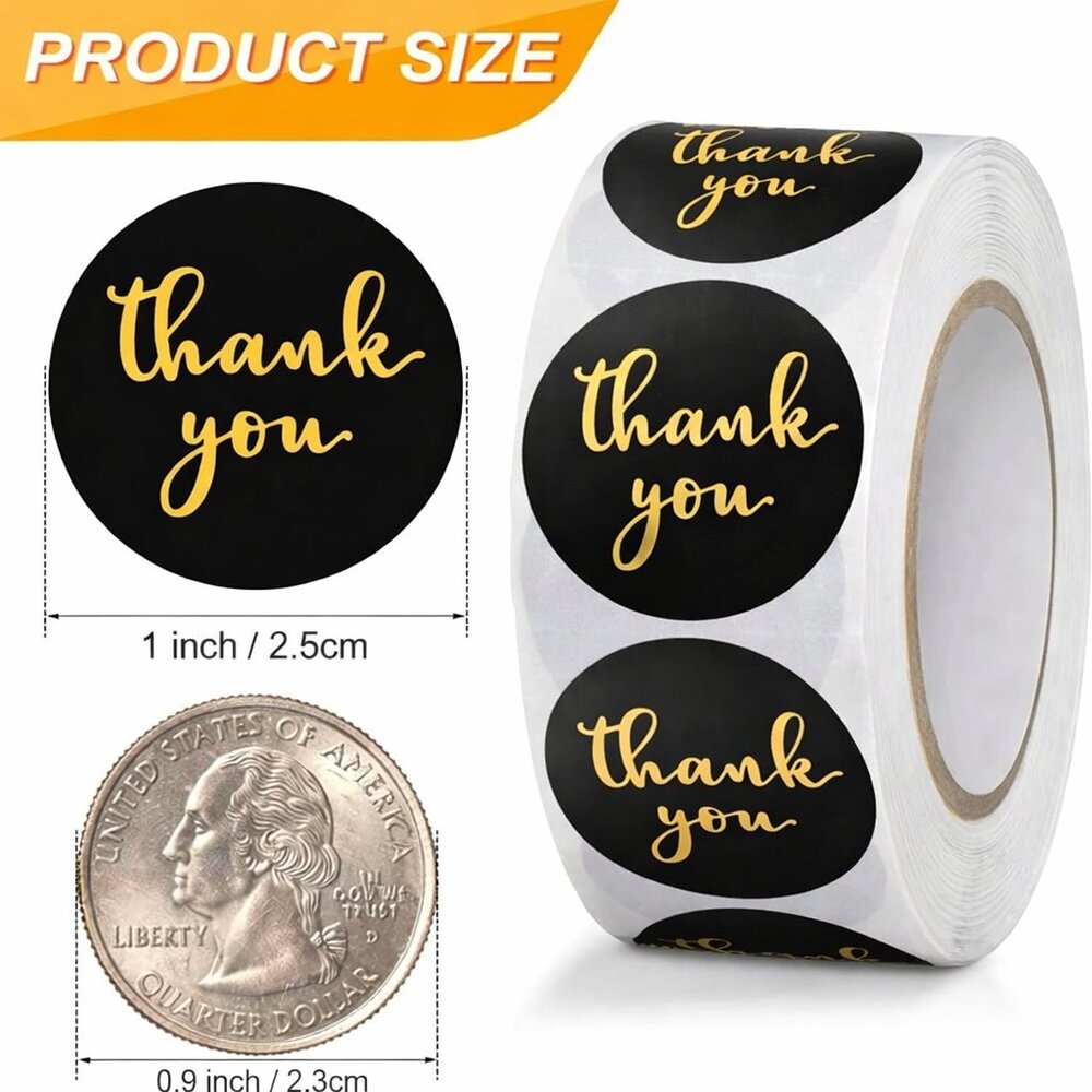 500ct Thank You Round Stickers, 1 inch, Black/Gold - Picture 2 of 2